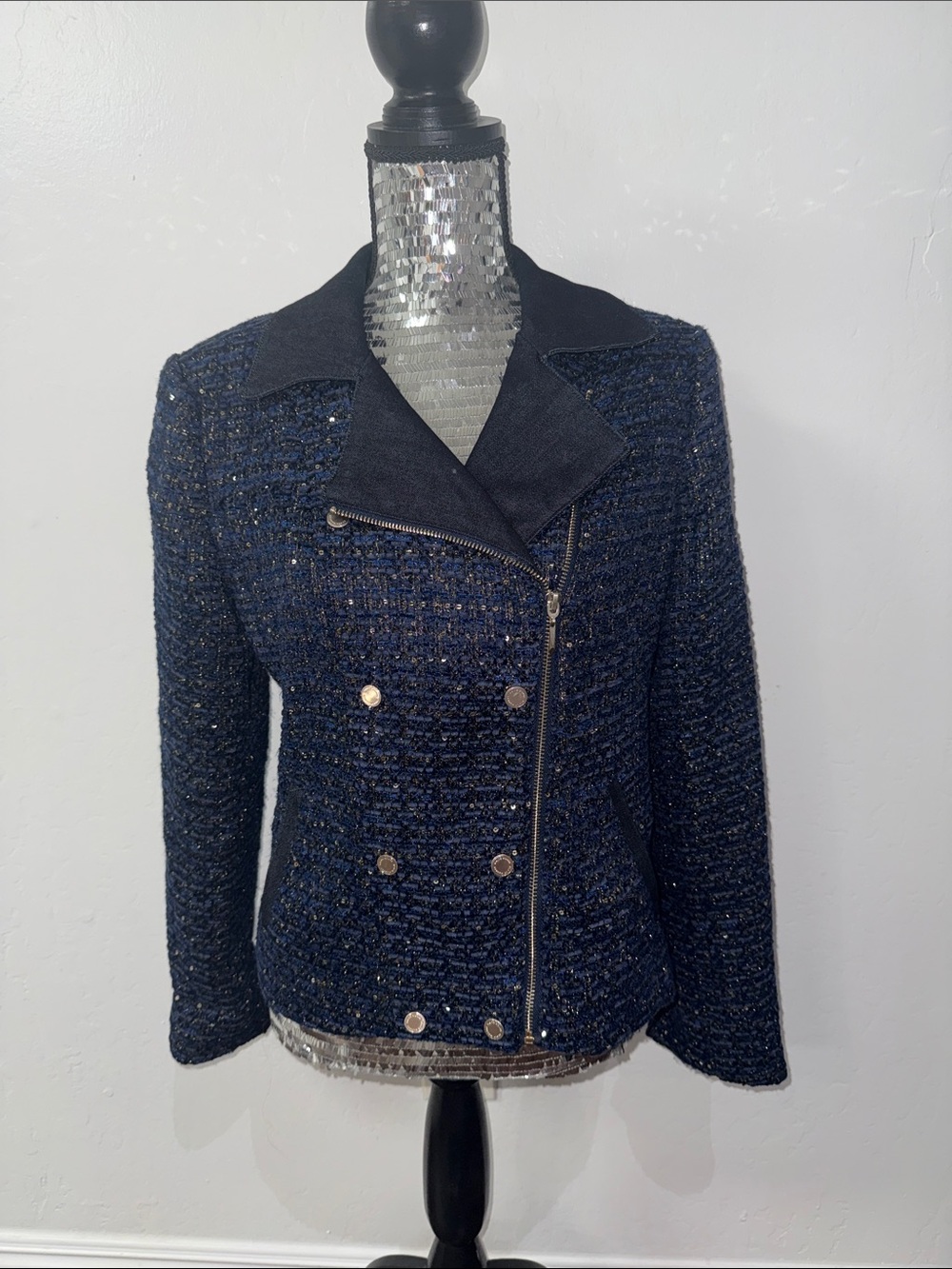 White House Black Market Navy Tweed Double-Breasted Zip Blazer